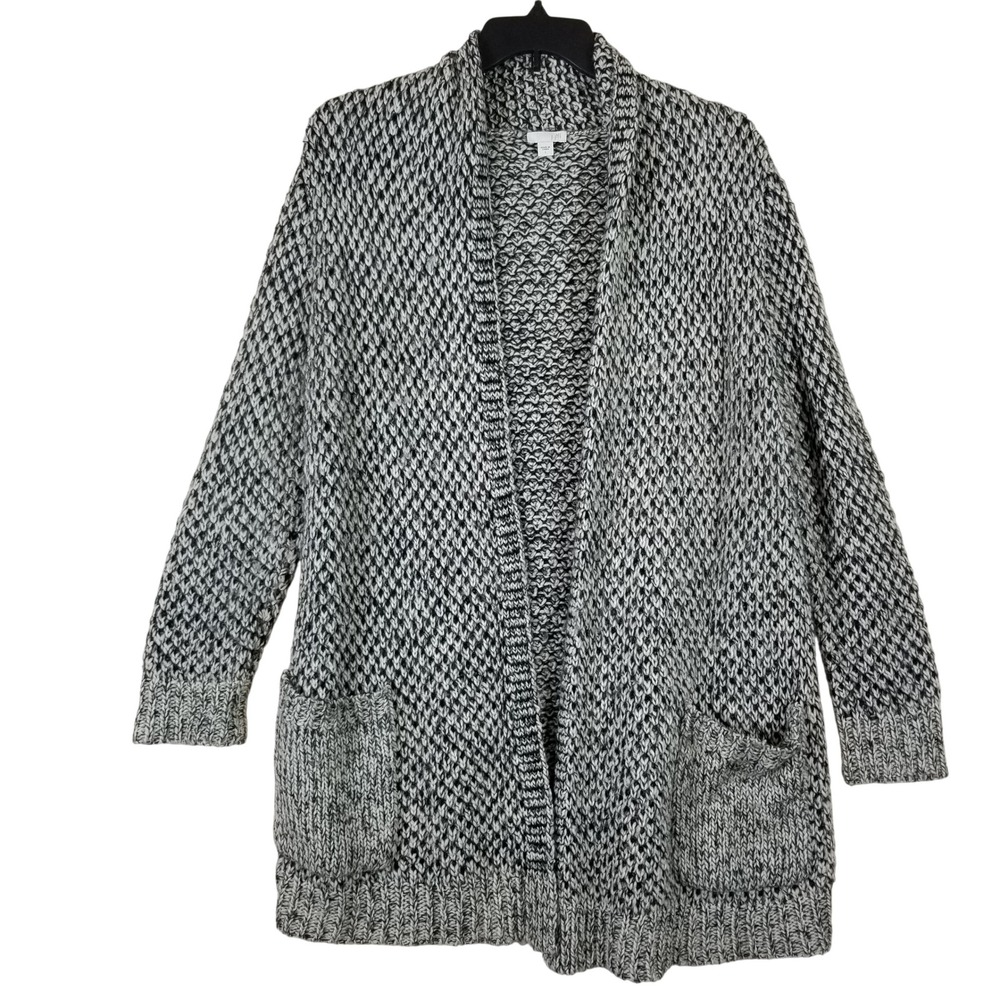J. Jill Womens Large Black White Wool Blend Marled Chunky Knit Longline Cardigan